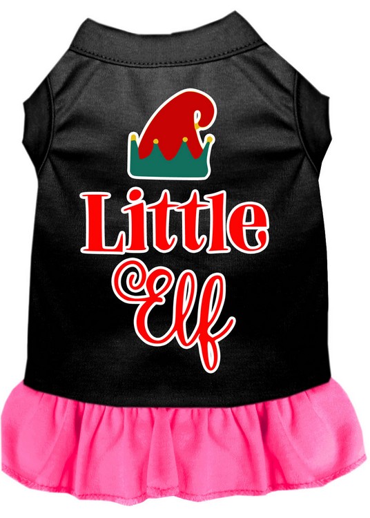 Little Elf Screen Print Dog Dress Black with Bright Pink Med